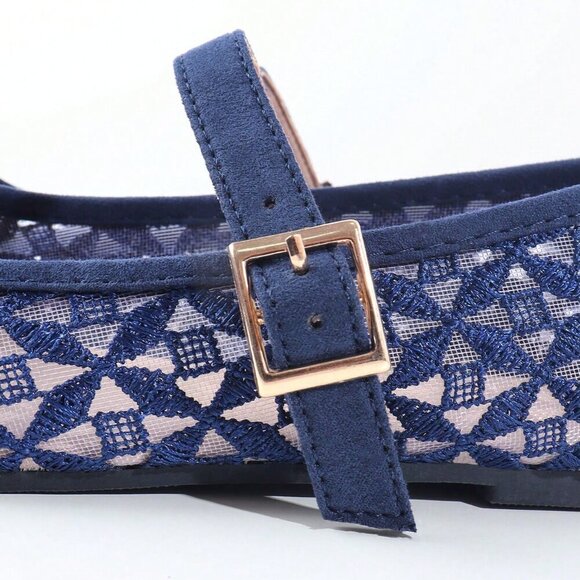 Blue Elegant Women's Woven Square Toe Slip-On Flats - Picture 4 of 7